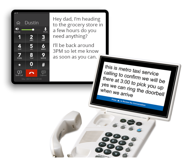 Image of IT CTS phone with large text showing, "this is metro taxi service calling to confirm we will be there at 3:00 to pick you up yes we can ring the doorbell when we arrive."